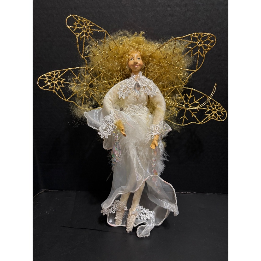 Vtg Snowflake Queen Fairy Princess Ornament White Lace Gold Wings Pixie 12"